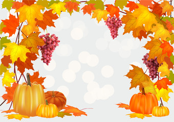 Autumn pumpkin holiday, postcard ,grapes
