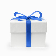 white textured gift box with blue ribbon bow