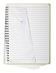 used blank note book with ring binder and tattered page isolated