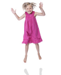 jumping girl in pink dress,  isolated on white
