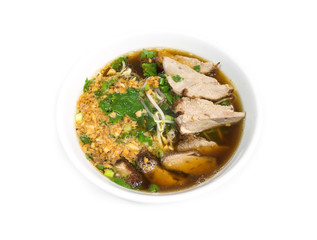 Duck noodle soup isolated on white