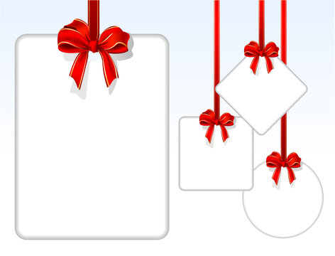 Card notes with red gift bows with ribbons. Vector.