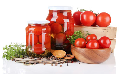 Tasty canned and fresh tomatoes, isolated on white