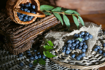 Blueberries in wooden basket and
