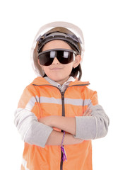 young girl construction worker in a hard hat and vest