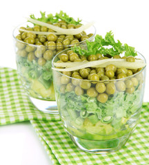 Tasty salad with fresh vegetables, isolated on white