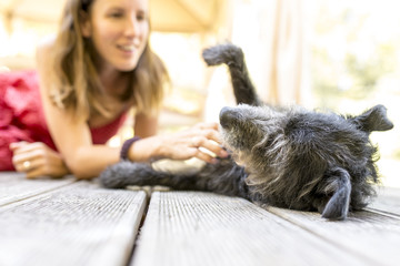Young woman petting her dog - obrazy, fototapety, plakaty