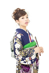 Beautiful asian kimono woman on white background