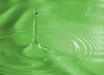 Water drop splash and waves. Selective focus on drop.