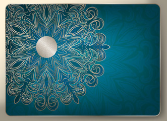 Gift card on a blue patterned background.