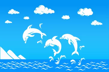 Gartenposter weiße Delfine springen über das Meer © chartgraphic