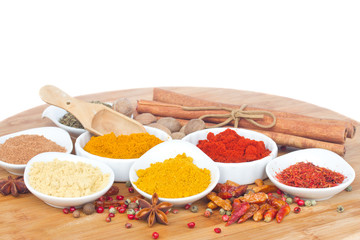 colorful plates of  spices with copy space