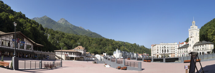 Fototapeta na wymiar Panorama of Rosa Khutor Alpine Resort in Krasnaya Polyana. Sochi