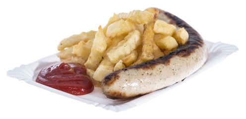 Isolated Bratwurst with French Fries