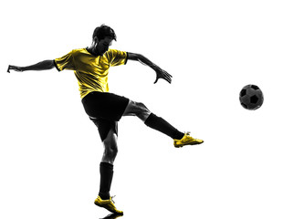 brazilian soccer football player young man kicking silhouette - obrazy, fototapety, plakaty