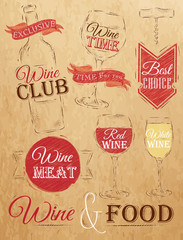 Set collection of wine. Kraft paper.