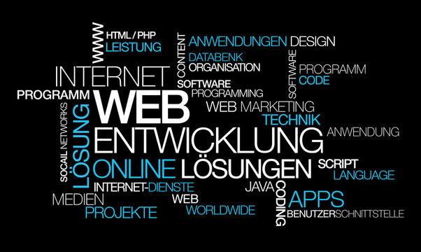 Web Entwicklung Online L&ouml;sungen Wort tag cloud illustration