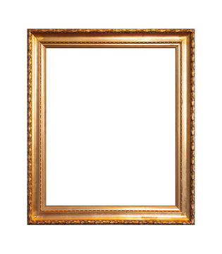 Empty wooden frame painted with gold paint isolated on white