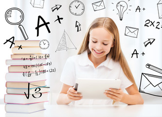 girl with tablet pc and books at school