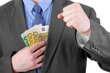 Young man puts his bills is pleased Jacket