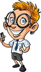 Cute cartoon nerd with mobile phone
