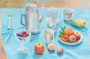 Still life on blue cloth