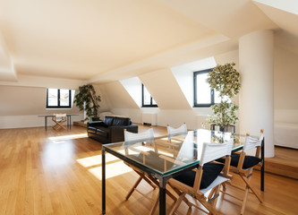 interior, beautiful loft, hardwood floor, view dining table