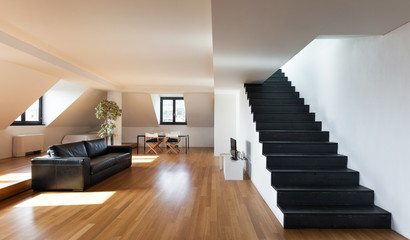 Interior, beautiful loft, hardwood floor, view living room