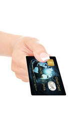 closeup of blue credit card holded by hand over white