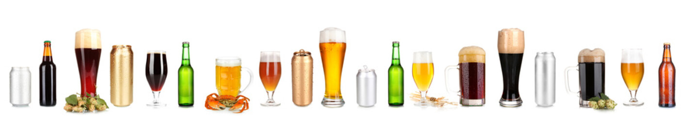 Lots of beer in different containers isolated on white