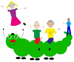 Obraz premium illustrazione di bambini che giocano con un grosso bruco