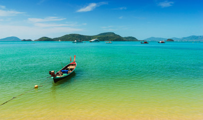 Boats at sea against the rocks in Thailand