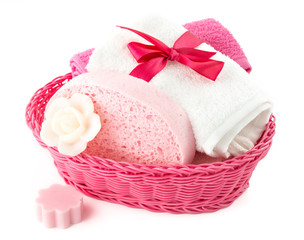 Spa and bath accessories with sponge,soap and towel isolated on