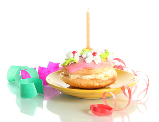 Colorful birthday cake with candle isolated on white