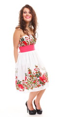 Fashion young woman in summer dress on white