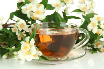 Cup of tea with jasmine, isolated on white