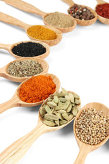 Assortment of spices in wooden spoons, isolated on white