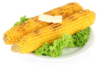 Delicious golden grilled corn with butter isolated on white