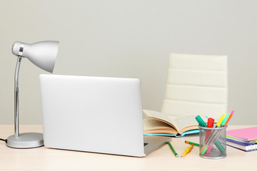 Home workplace with computer, close up