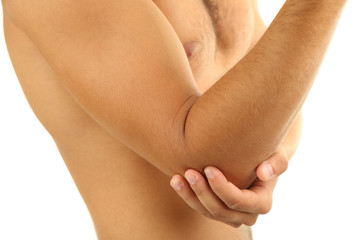Young man with hand pain, isolated on white