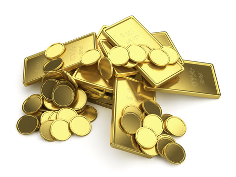 Golden bars and coins isolated
