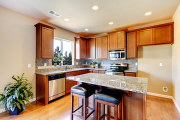 New home kitchen interior with dark brown cabinets.