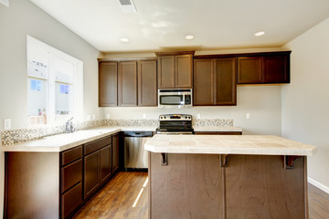 New home kitchen interior with dark brown cabinets.