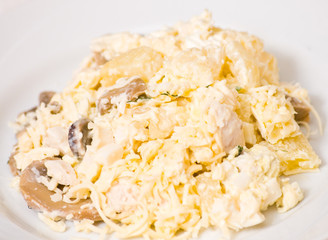 salad with chicken breast, mushrooms, pineapple, cheese, egg