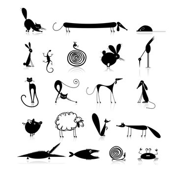 Set of 20 animals, black silhouette for your design