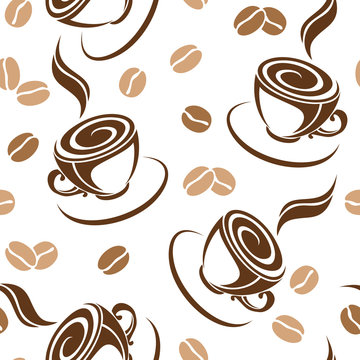 Seamless background with coffee beans and cups. Vector.