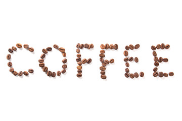 word coffee, roasted beans over white background