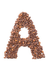 Letter A, alphabet from coffee beans on white background
