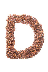 Letter D, alphabet from coffee beans on white background