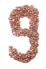number 9 from coffee beans isolated on white